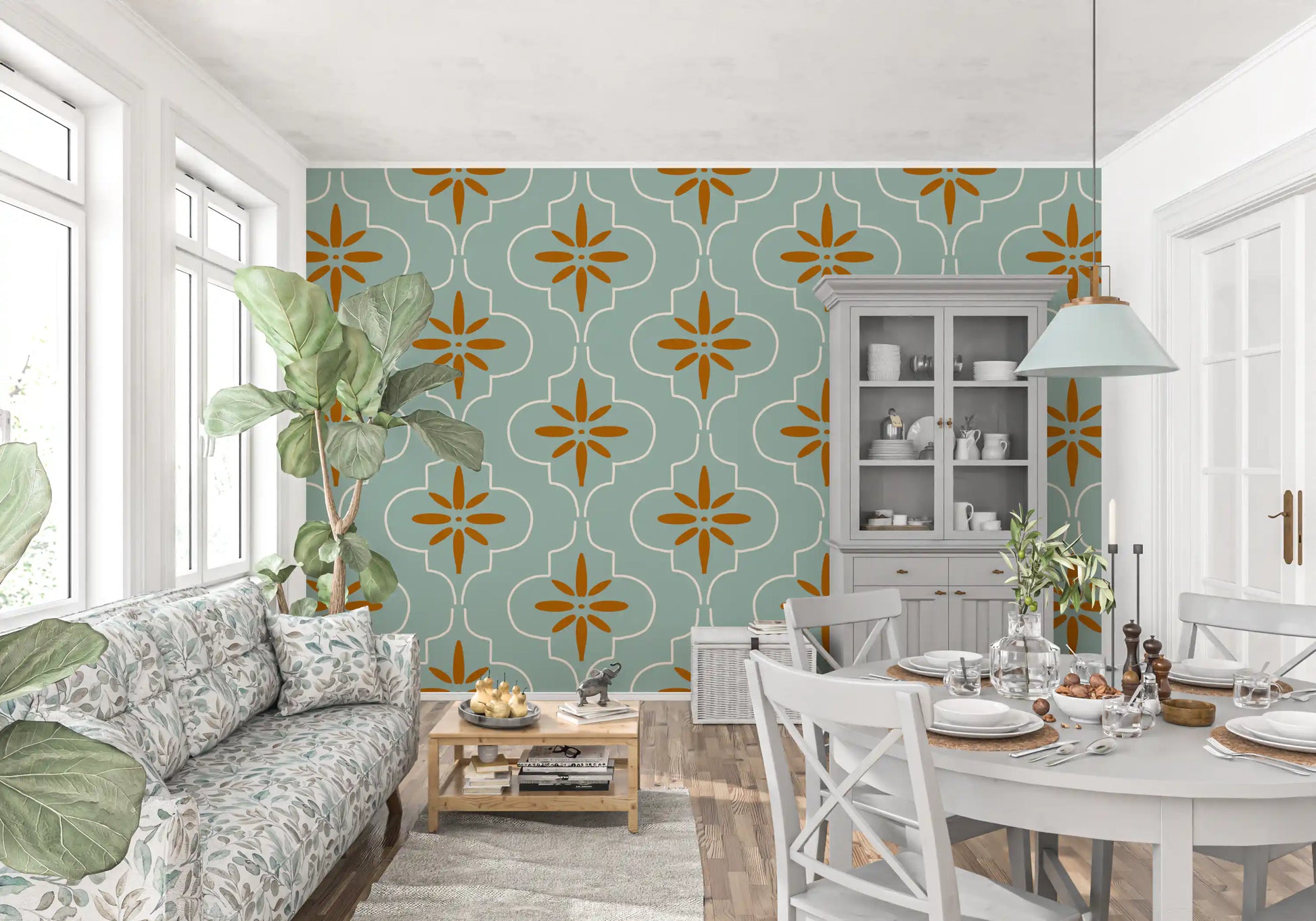Living room wallpaper with Teal Terracotta geometric tile artwork