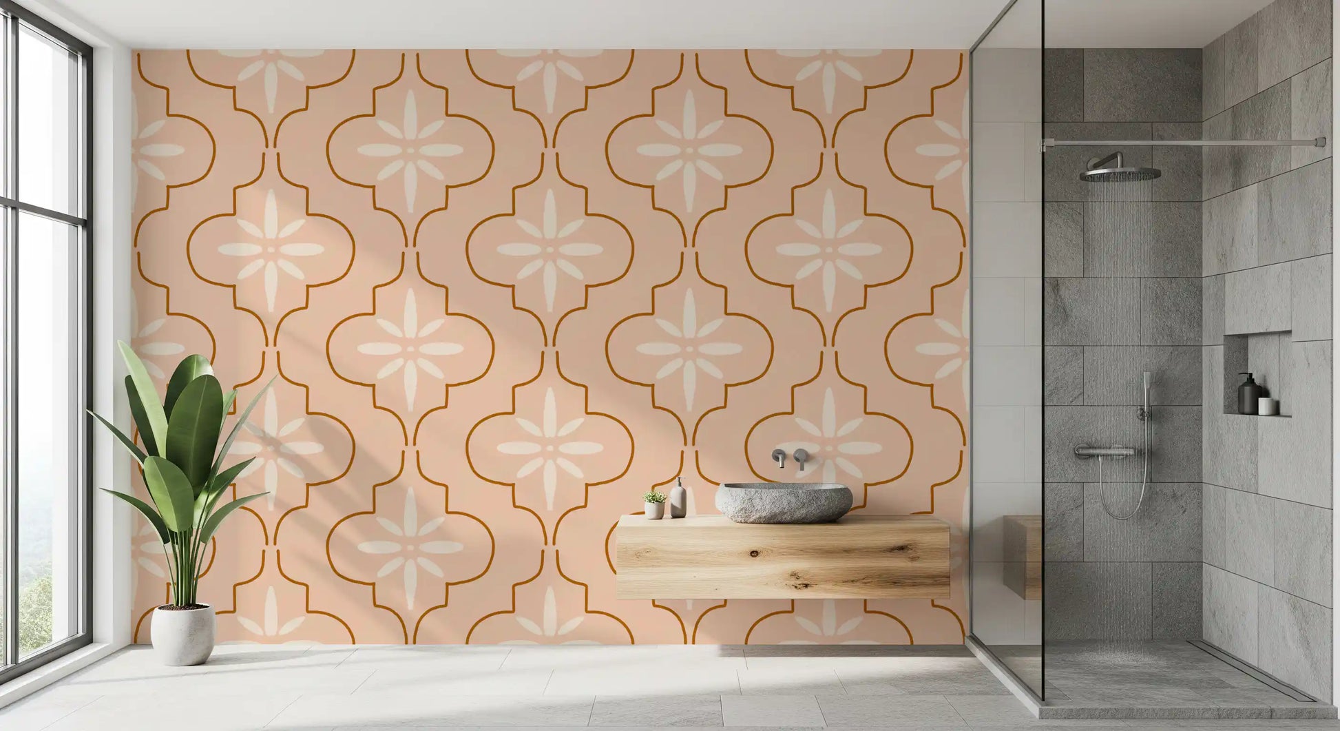 Soft tile forms appear across Peach Terracotta wallpaper with curved detail
