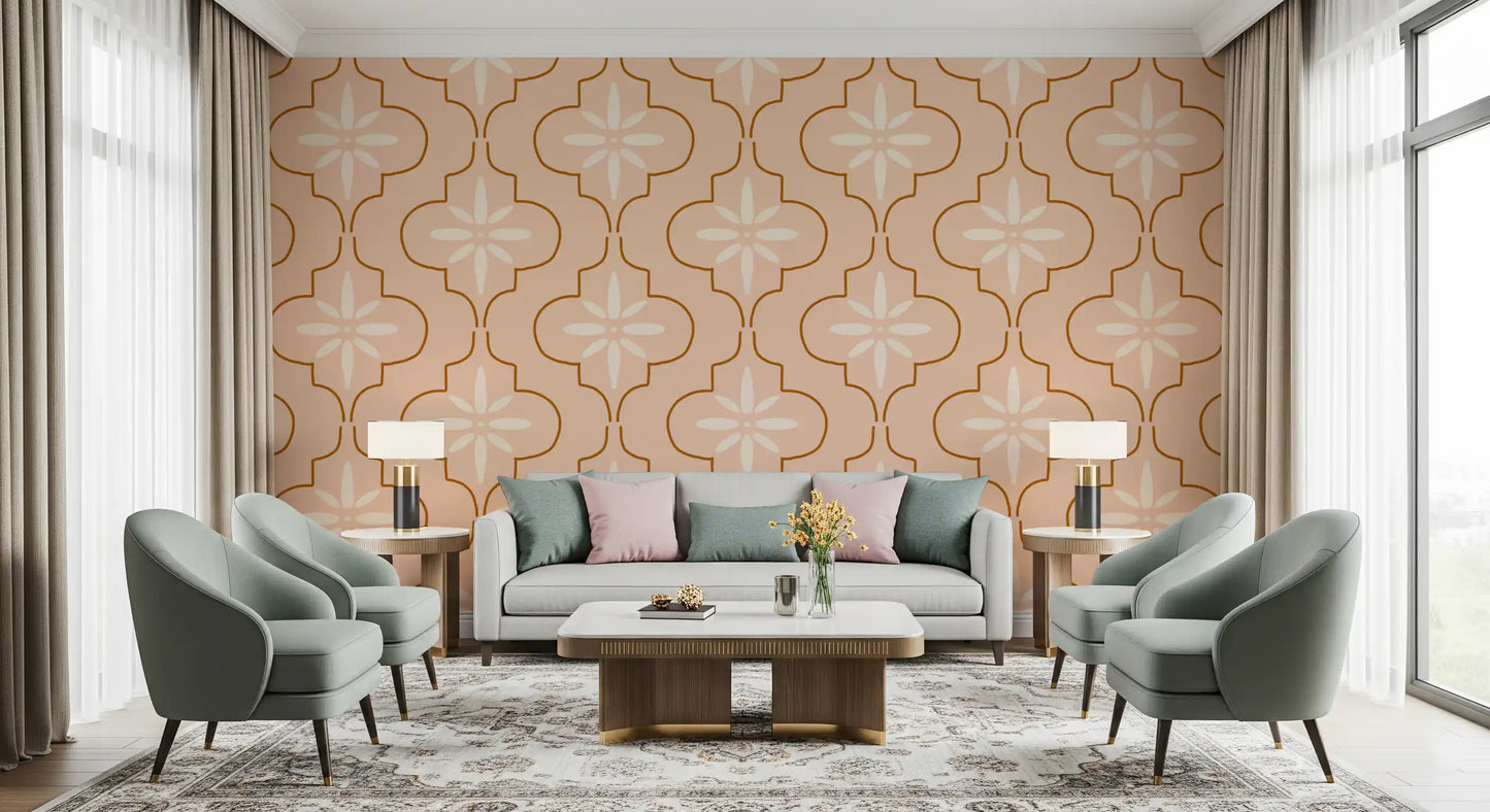 Living room peach tile wallpaper with soft terracotta curves and warm pattern