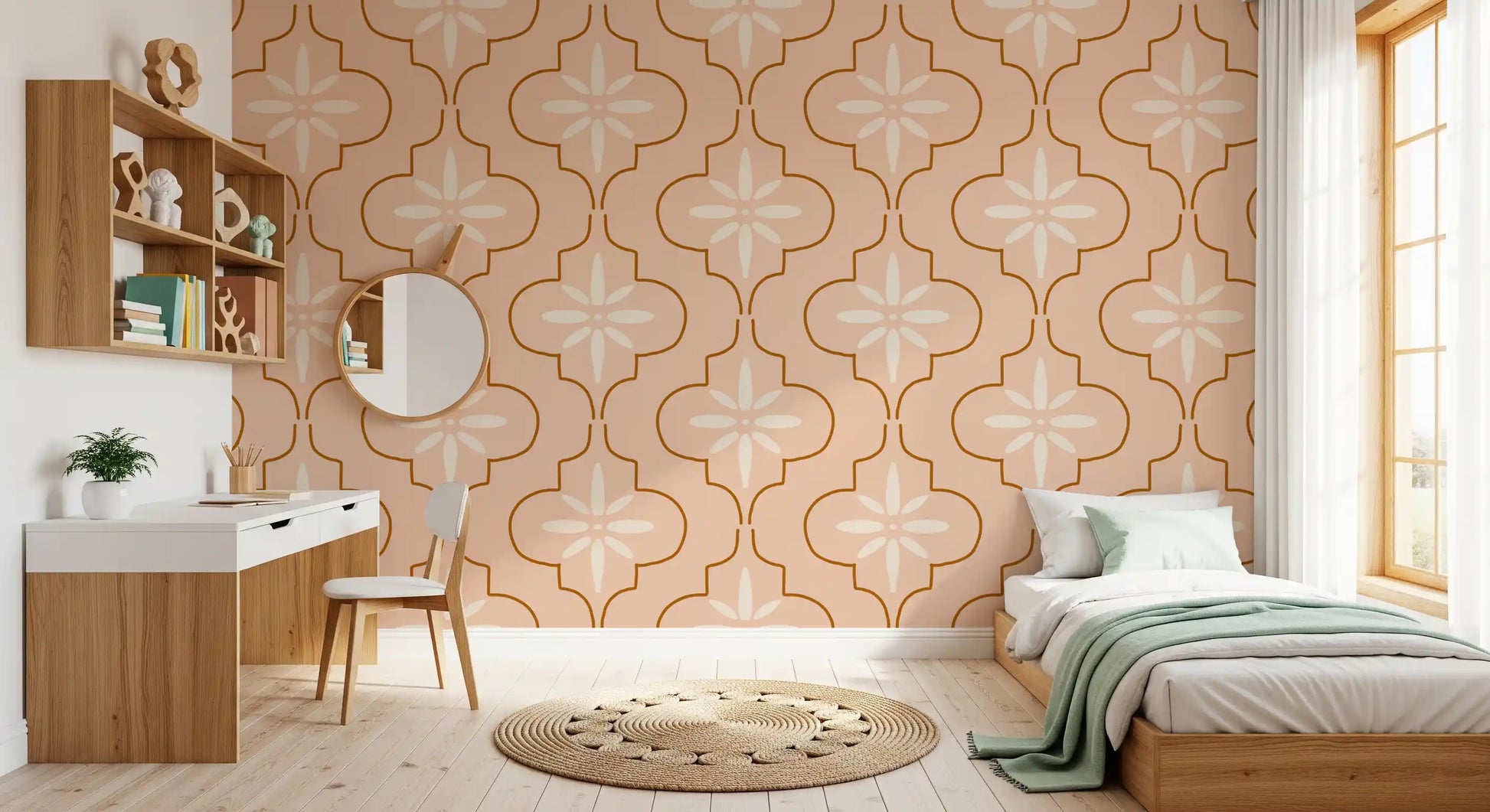 Warm peach tones shape a Mediterranean Geometric Wallpaper tile pattern
