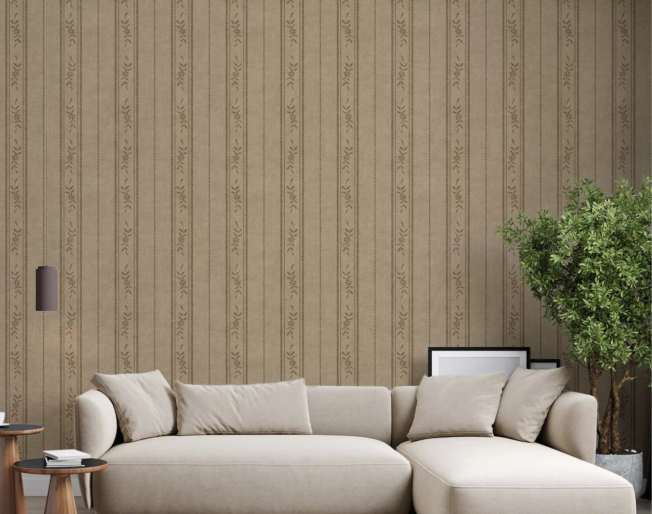Living room with Umber Floral Stripe Wallpaper and warm linen-style texture
