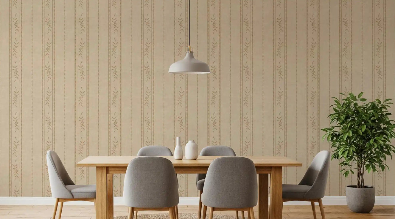 Dining room with Vintage Ticking Stripe Linen Wallpaper in soft sand beige tones