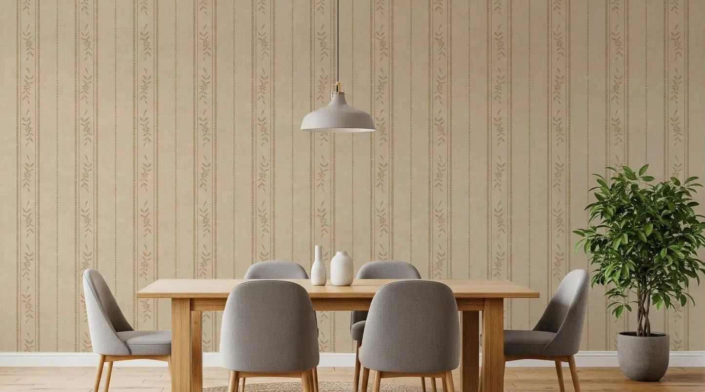 Dining room with Vintage Ticking Stripe Linen Wallpaper in soft sand beige tones