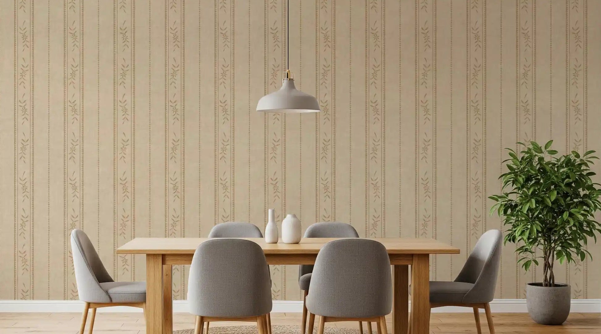 Dining room with Vintage Ticking Stripe Linen Wallpaper in soft sand beige tones