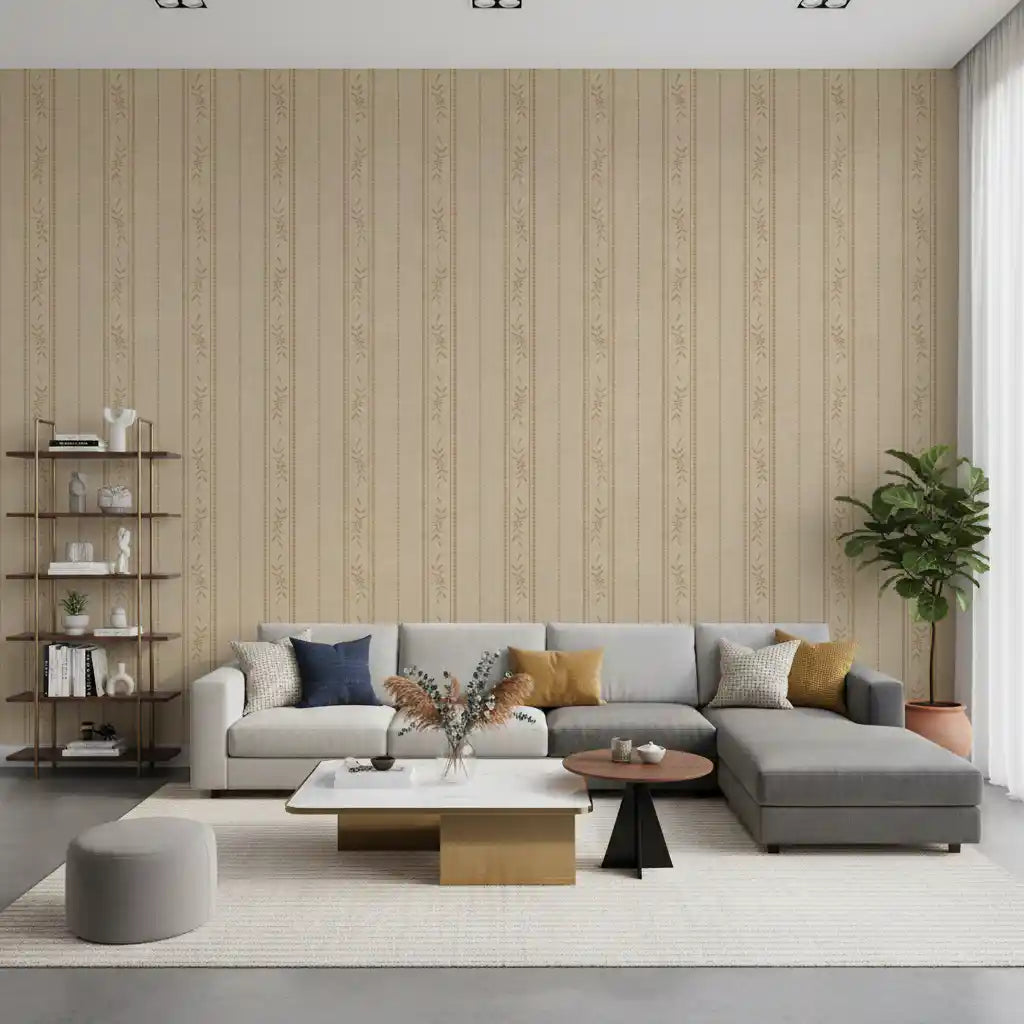Sand Beige Linen Wallpaper showing ticking stripes and delicate floral trails