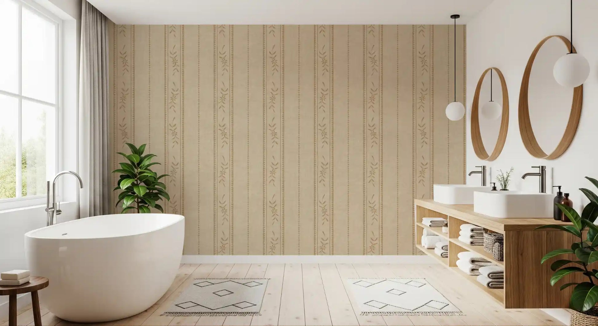 Vintage Ticking Stripe Wallpaper with linen texture and soft floral accents