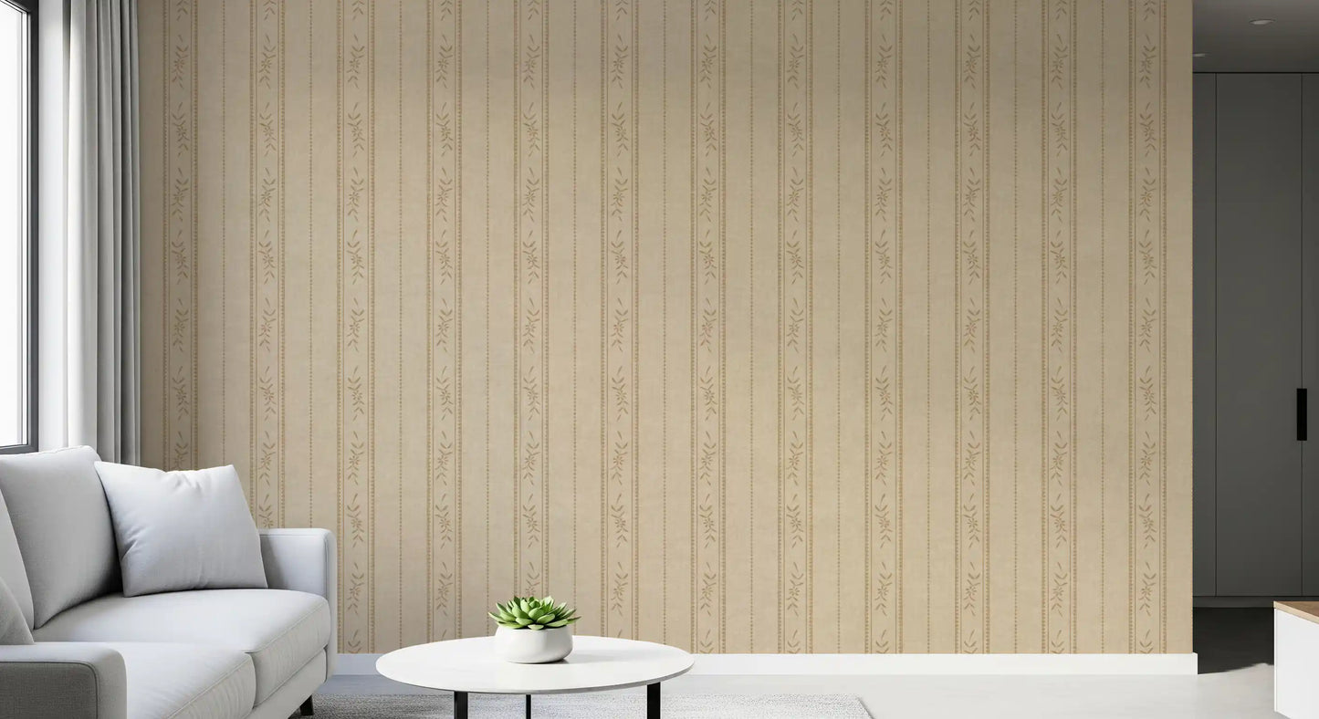 Hallway styled with Sand Beige Ticking Stripe Wallpaper and linen floral detail