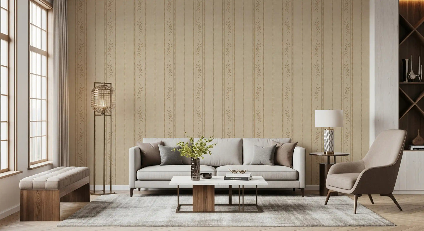 Linen Ticking Stripe Wallpaper with sand beige tones and vintage floral detail