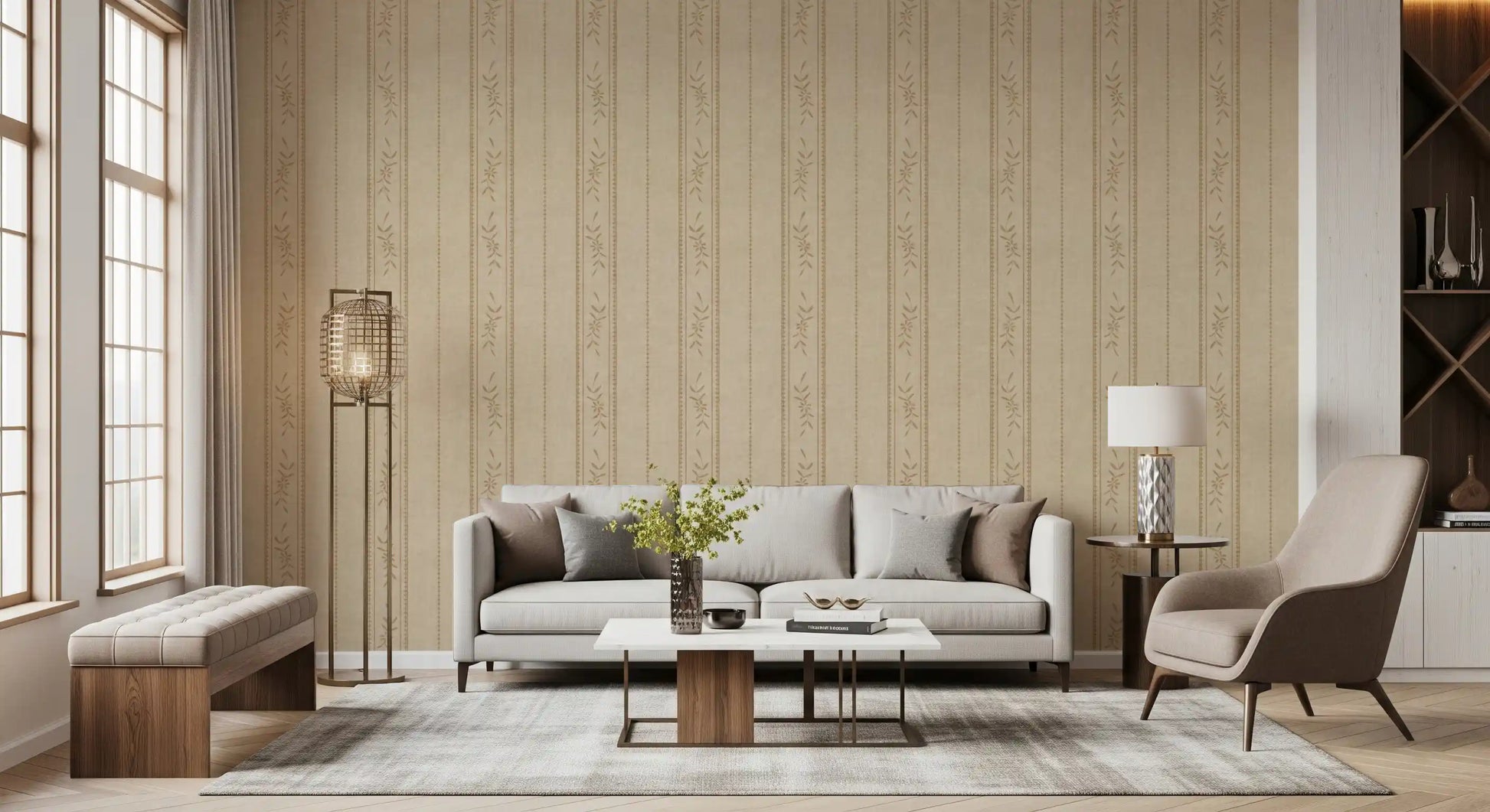 Linen Ticking Stripe Wallpaper with sand beige tones and vintage floral detail