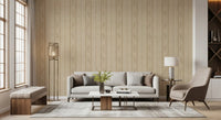 Linen Ticking Stripe Wallpaper with sand beige tones and vintage floral detail