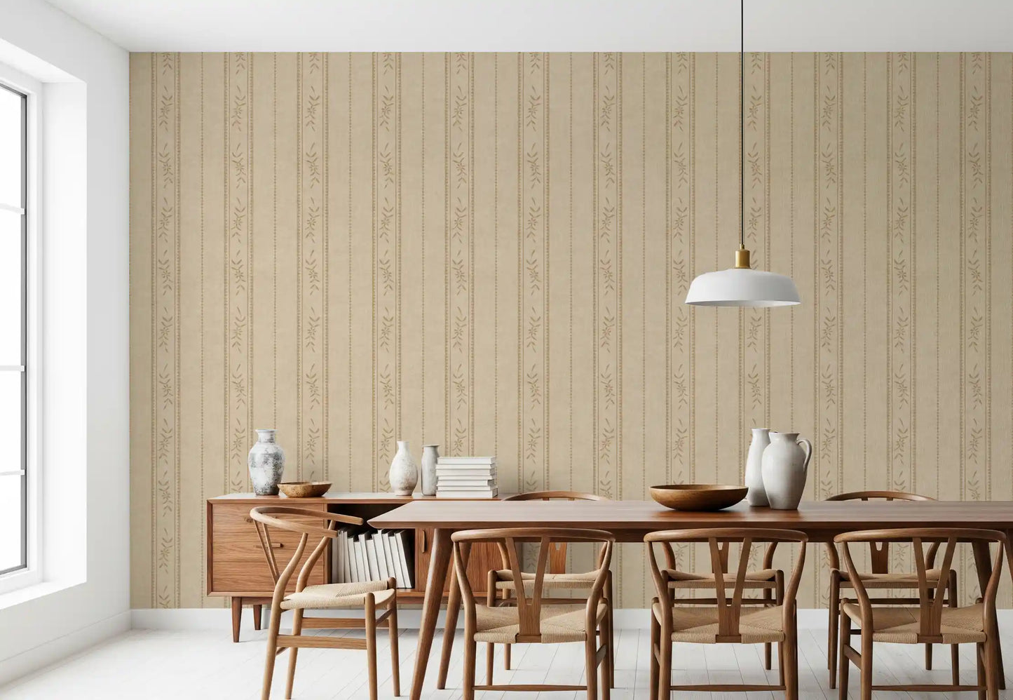 Dining room featuring Vintage Linen Stripe Wallpaper with sand beige floral lines