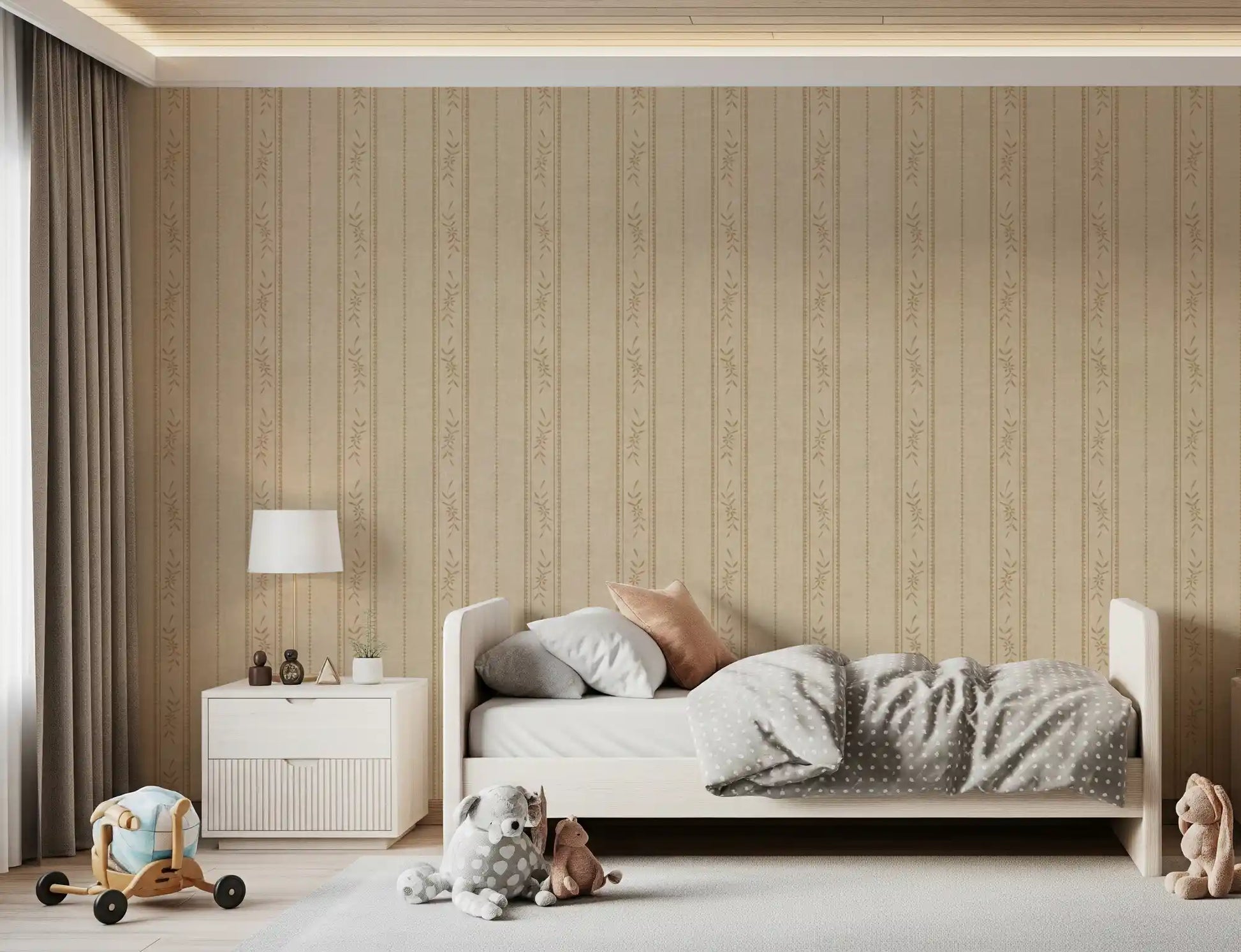 Floral Ticking Stripe Wallpaper with vintage linen texture and beige rhythm