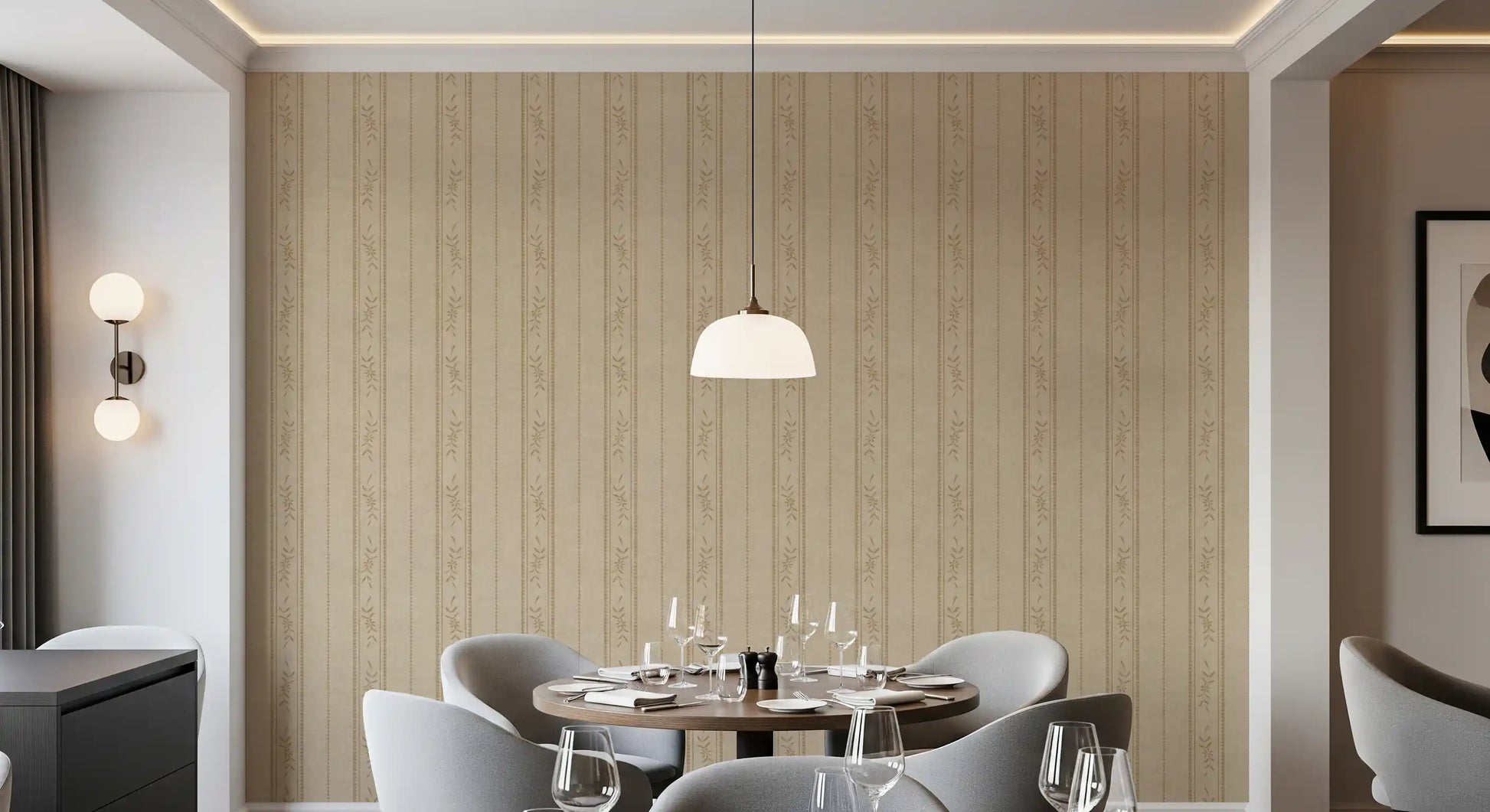 Dining area using Ticking Stripe Floral Wallpaper in vintage sand beige style