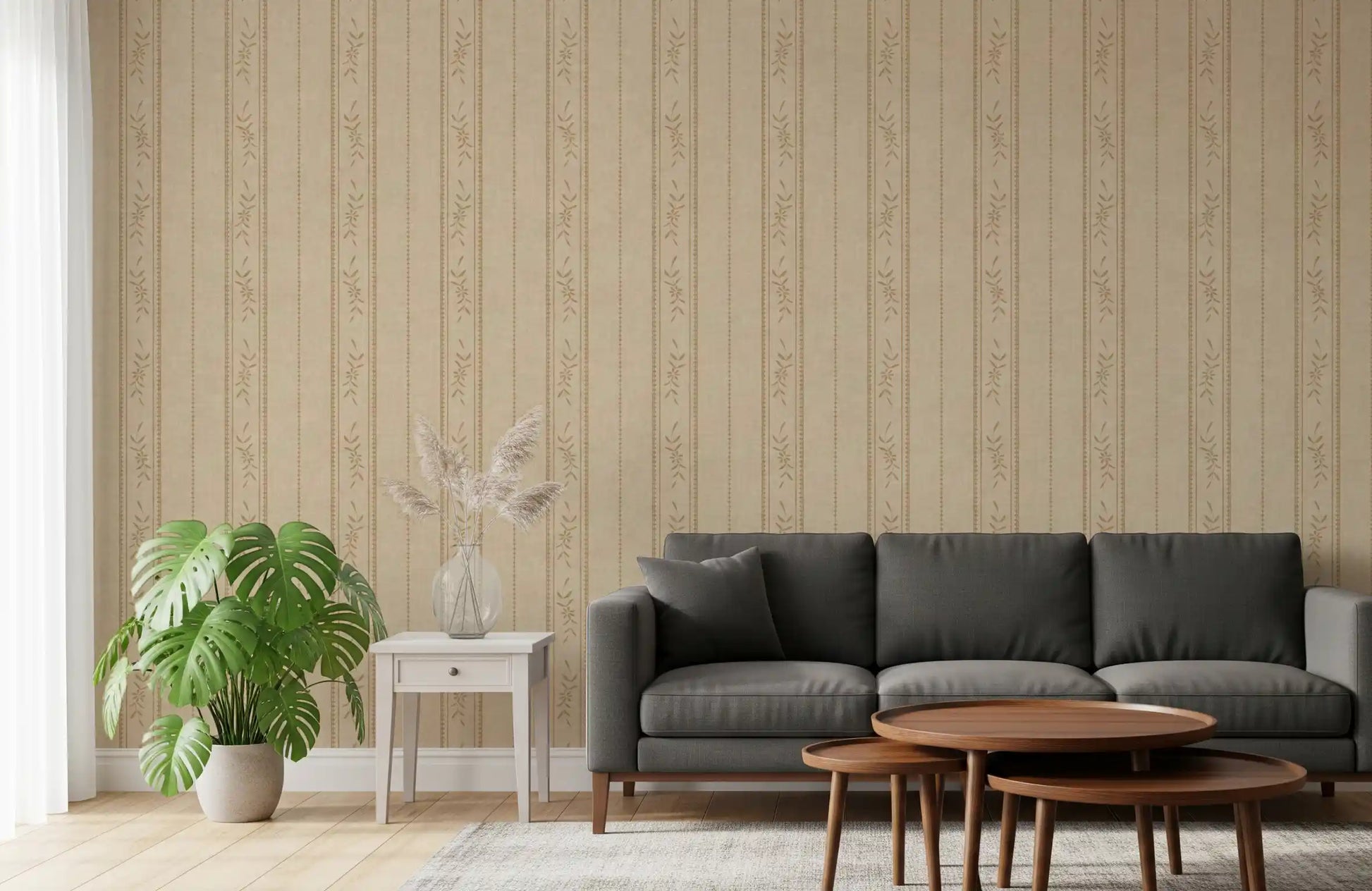 Vintage Sand Beige Wallpaper designed with linen stripes and floral repeats