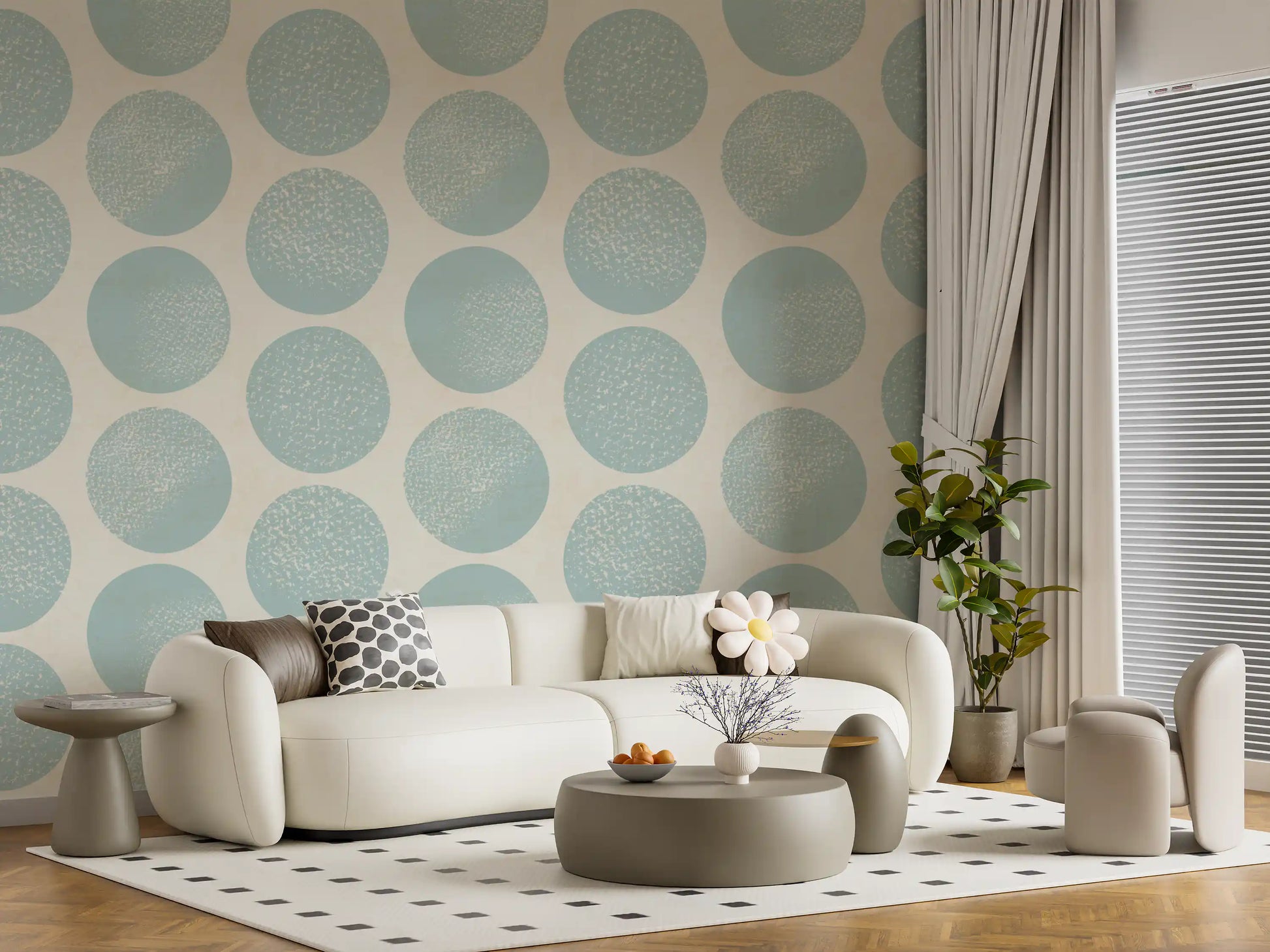 Office wall with stippled circle wallpaper and soft blue pattern detail
