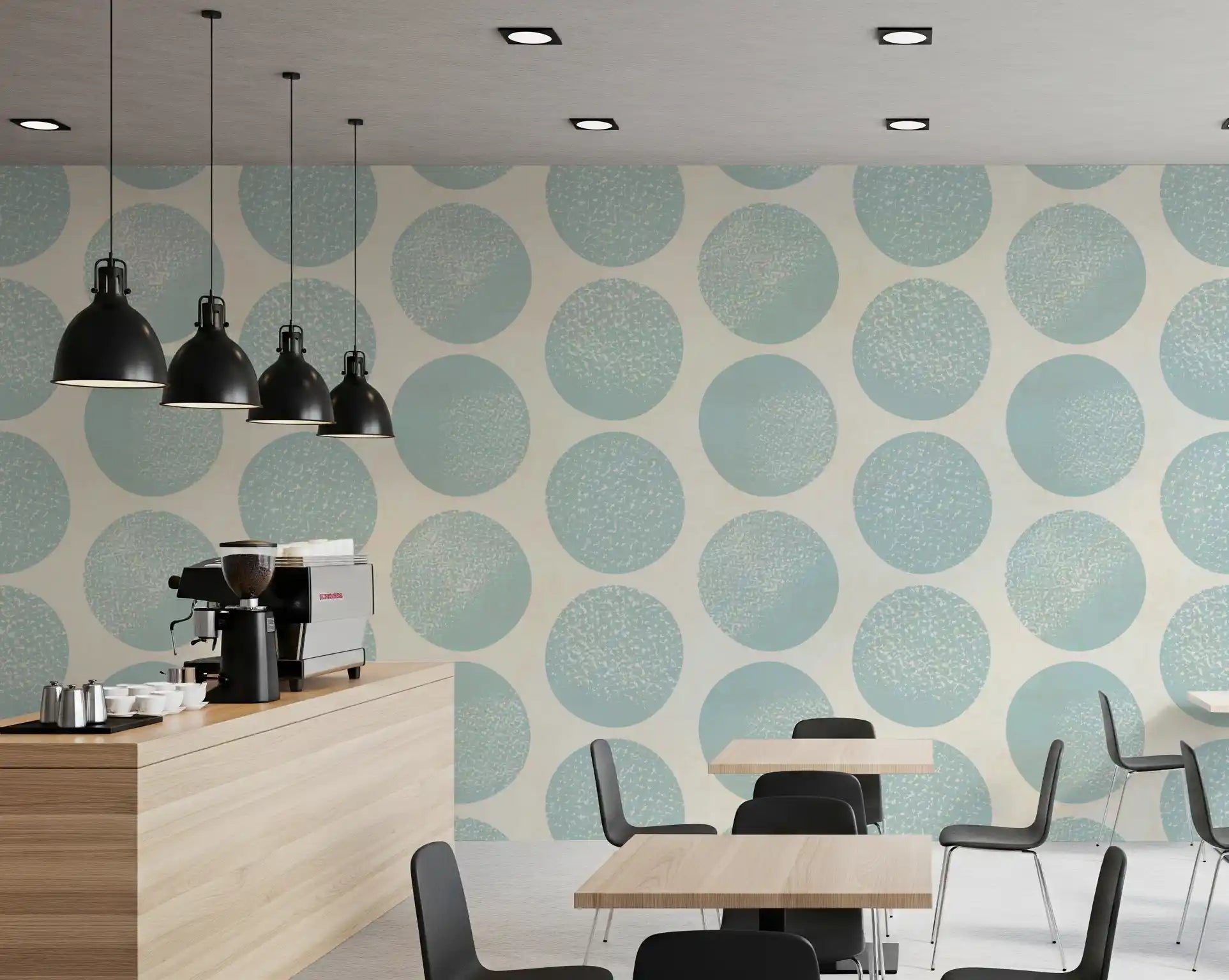 Organic dots wallpaper with pale blue circles and warm beige grounding