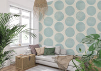 Hallway styled in blue circle wallpaper with textured stippled dots