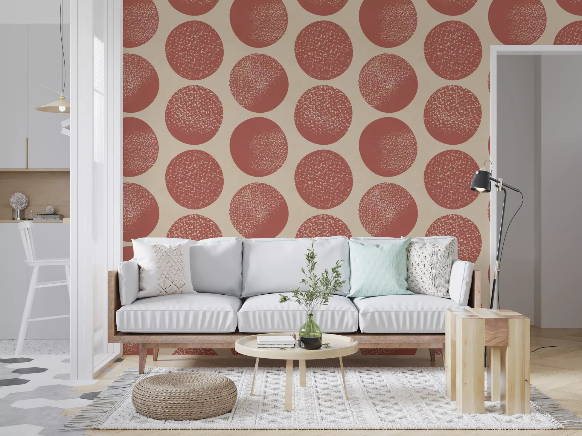 Living room Beige Ocher Wallpaper with modern polka dot wall pattern