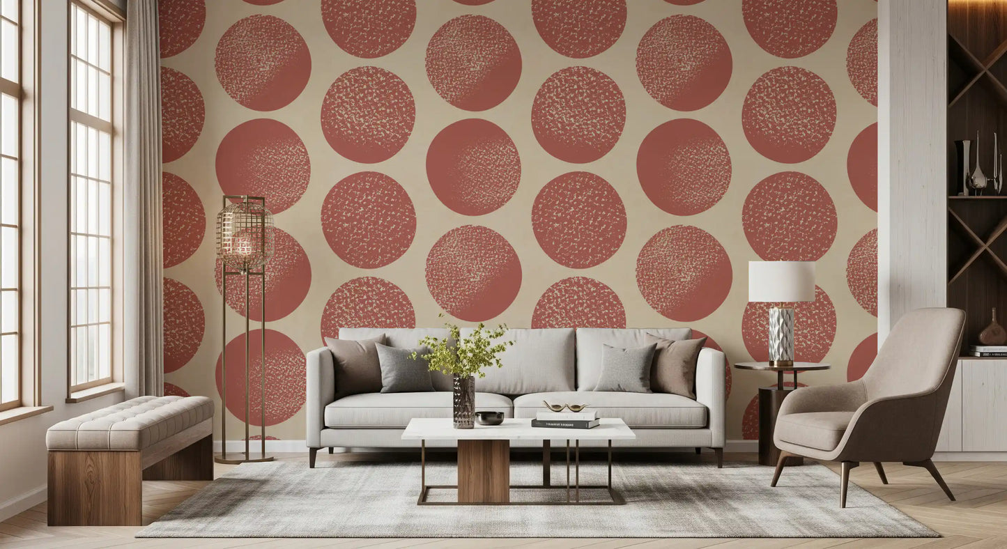 Organic Polka Dots Stippled Wallpaper with rust circles and warm beige tone