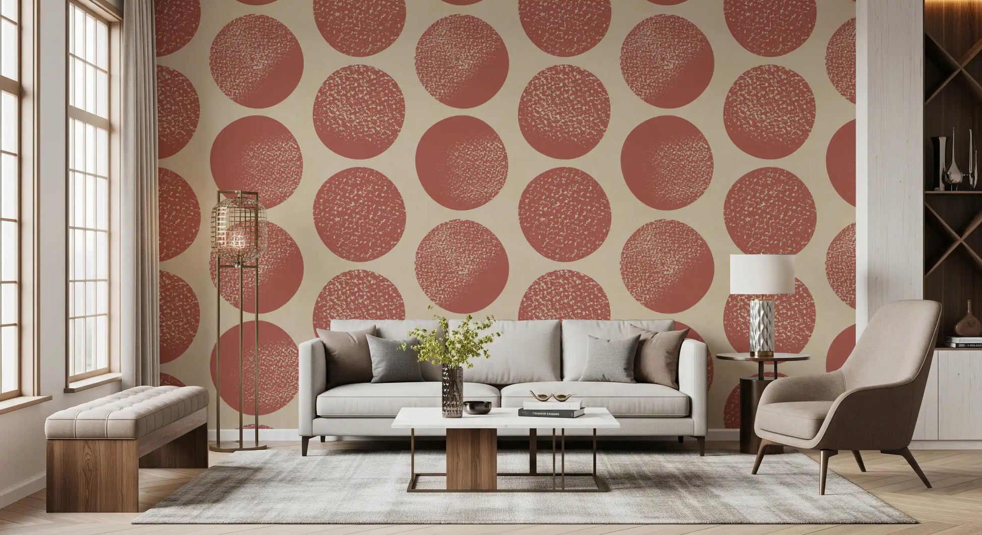 Organic Polka Dots Stippled Wallpaper with rust circles and warm beige tone