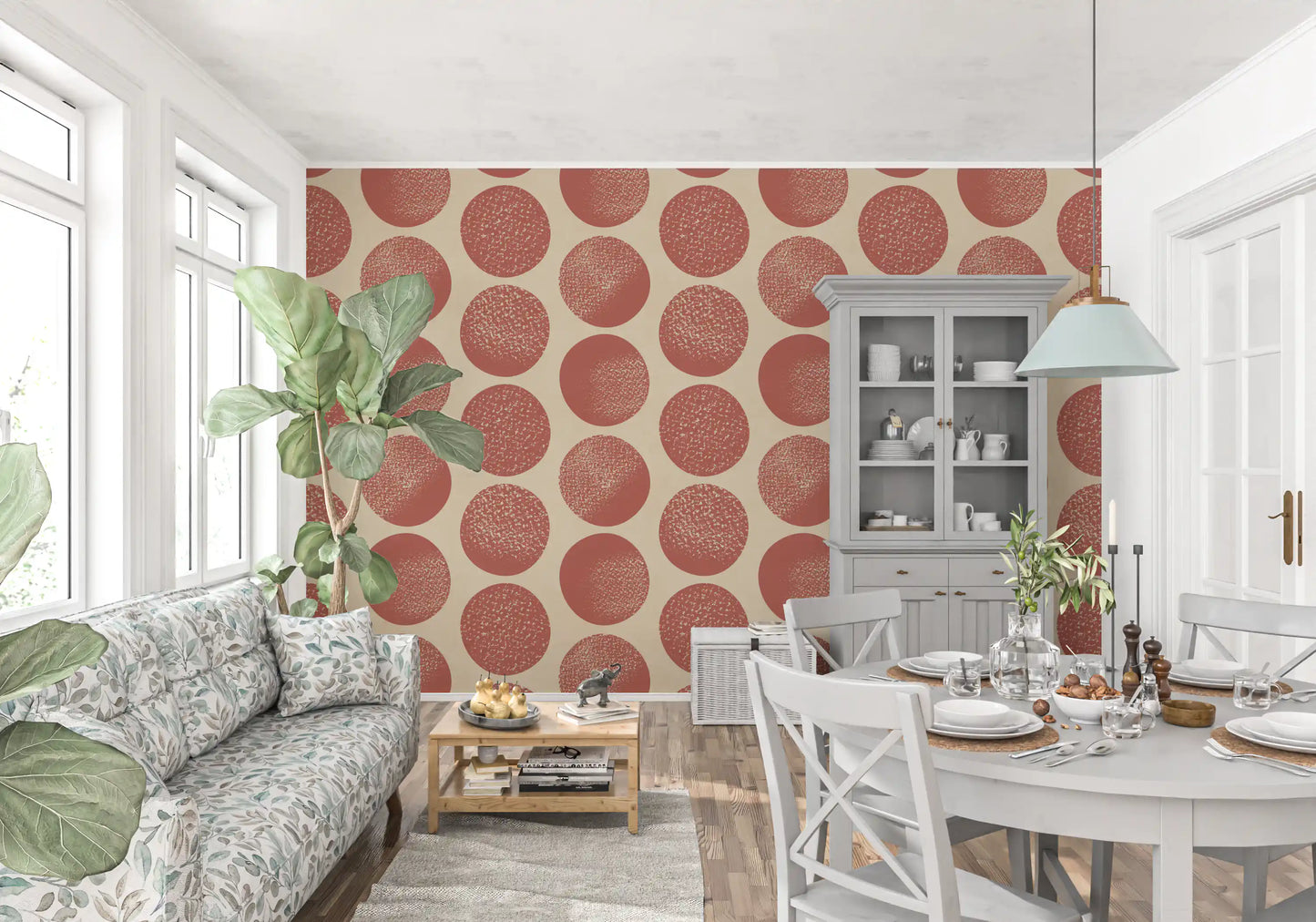 Living room Warm Beige Rust Wallpaper with organic polka dots and soft texture