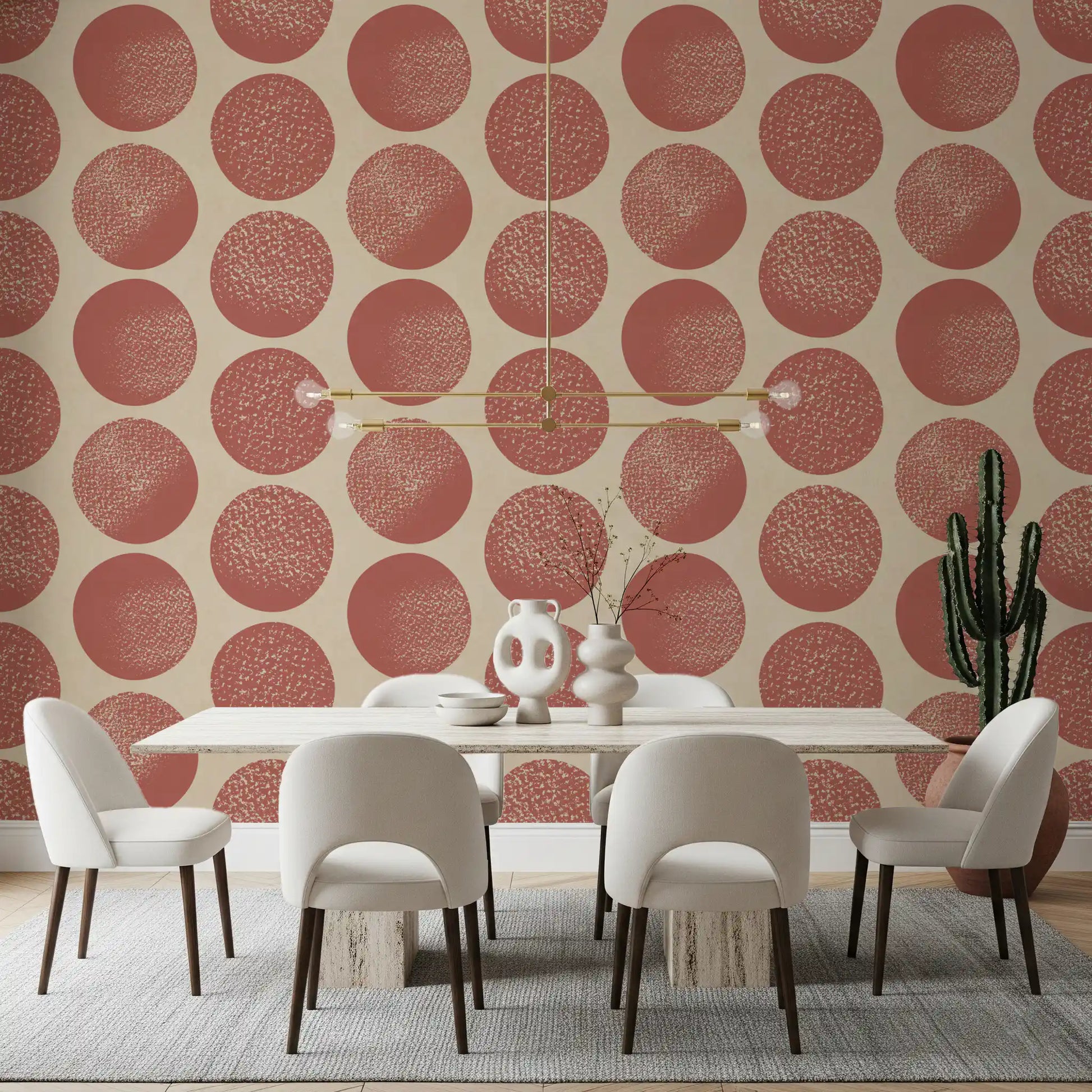 Dining room Organic Dots Wallpaper with rust circles on warm beige base