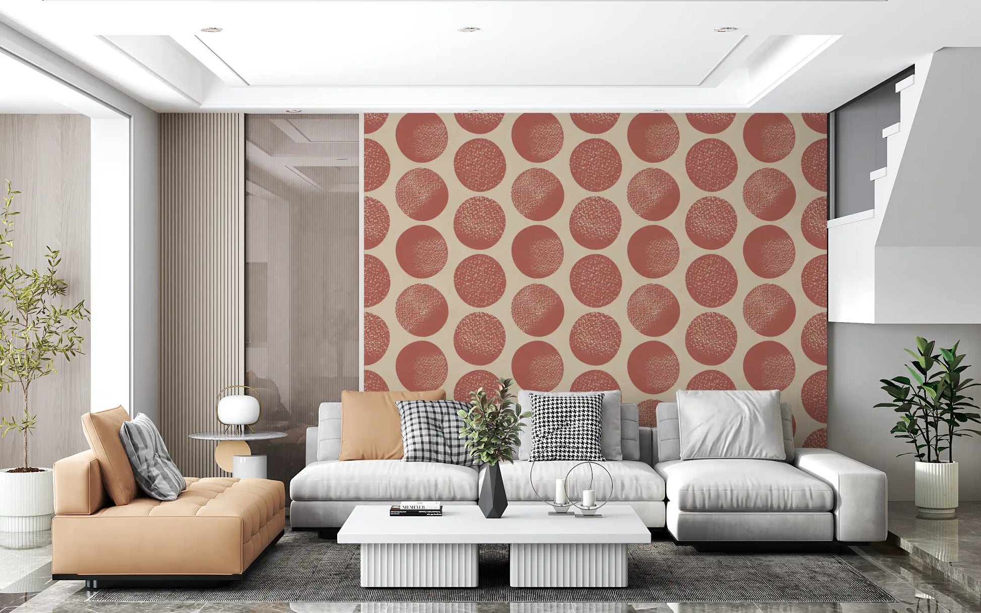 Stippled Modern Wallpaper with large rust polka circles on neutral beige