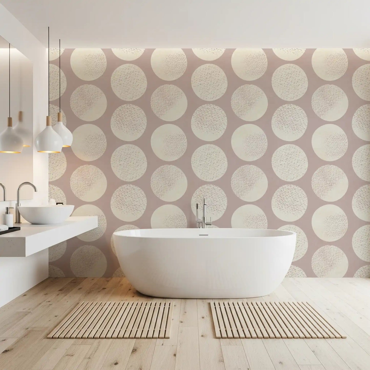 Bathroom with dusty rose dot wallpaper and large cream pattern