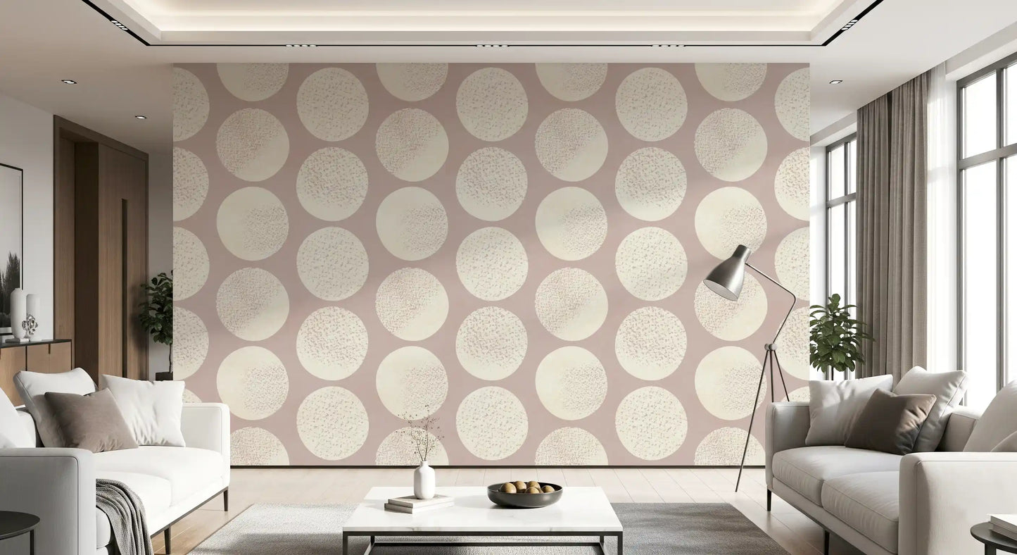 Living room with rose cream dot wallpaper and oversized textured circles