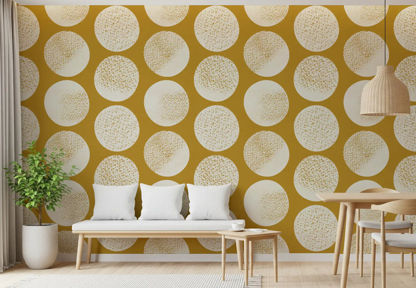 Stippled dot wallpaper with warm mustard colour and open circle repeat