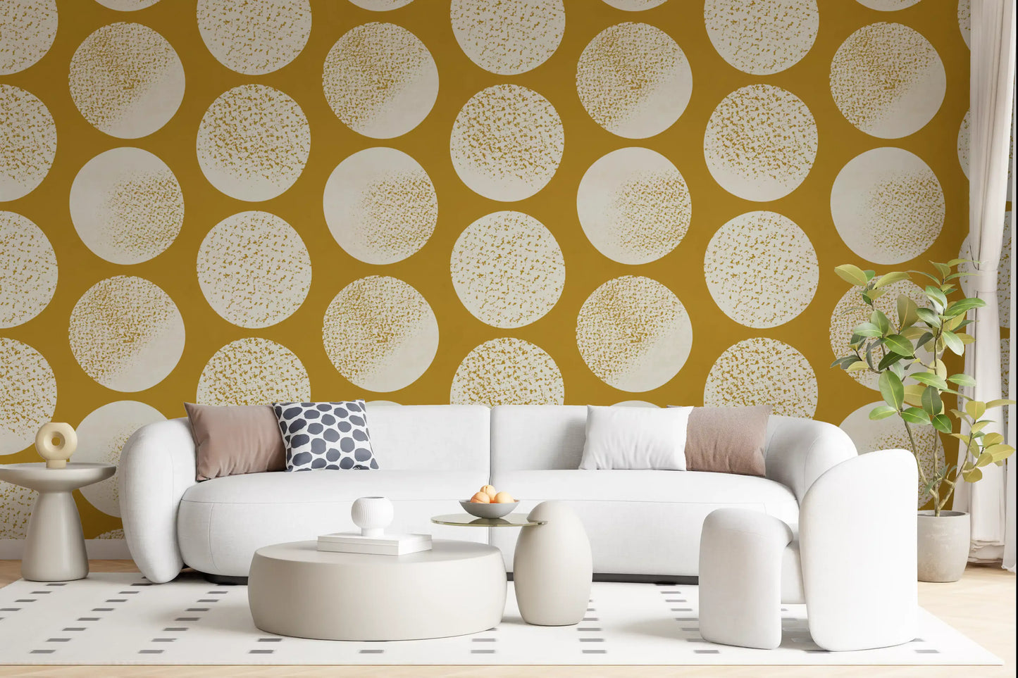 Cream on mustard wallpaper showing large textured polka dot forms