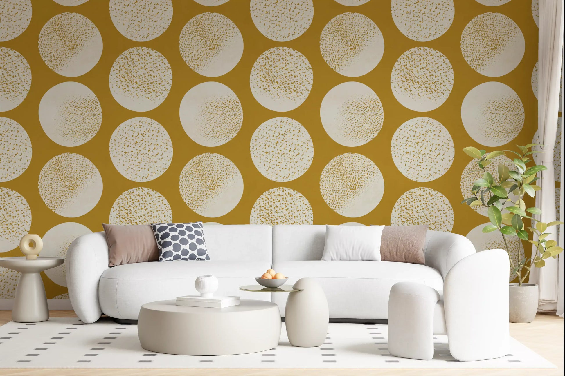 Cream on mustard wallpaper showing large textured polka dot forms