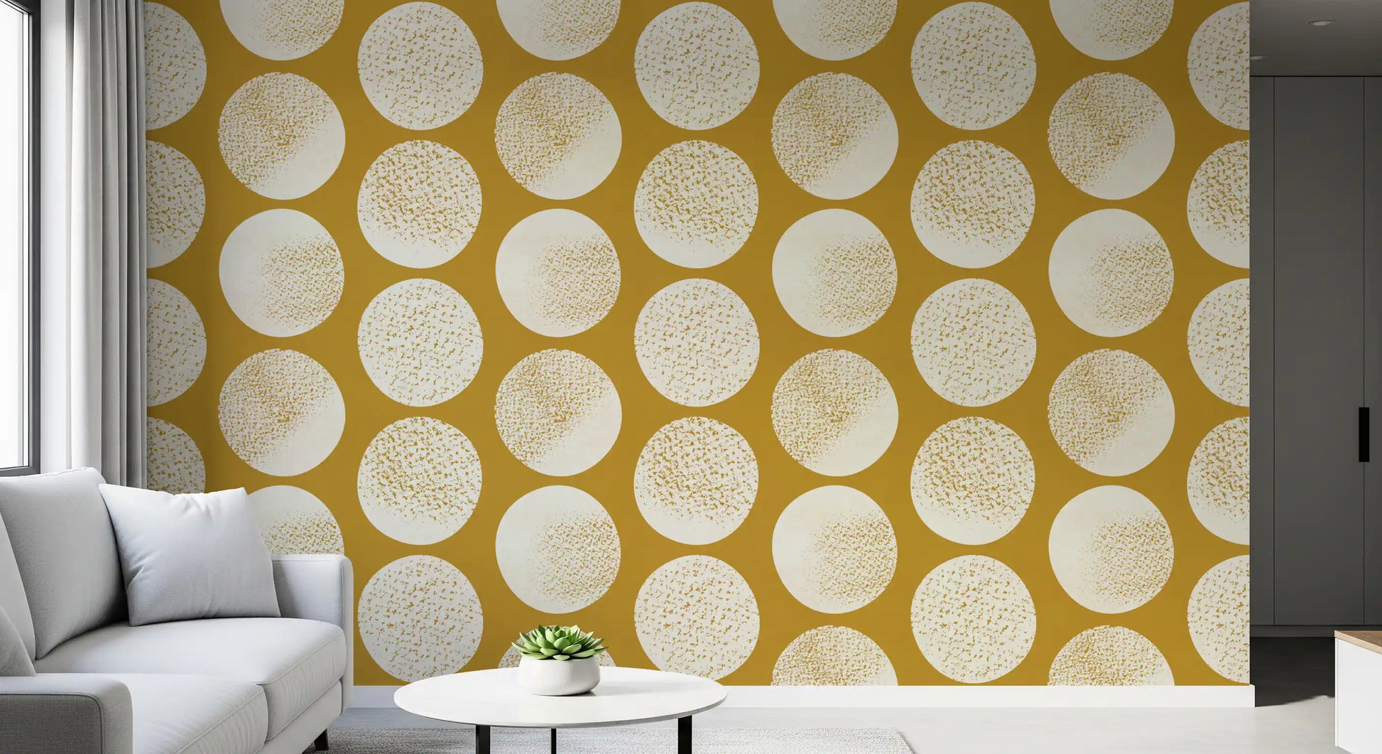 Office wall with mustard cream wallpaper and bold circular pattern