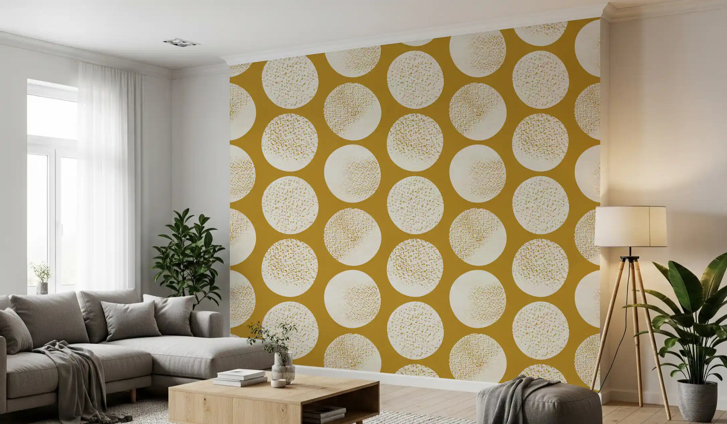 Hallway styled in mustard dot wallpaper with soft cream round motifs