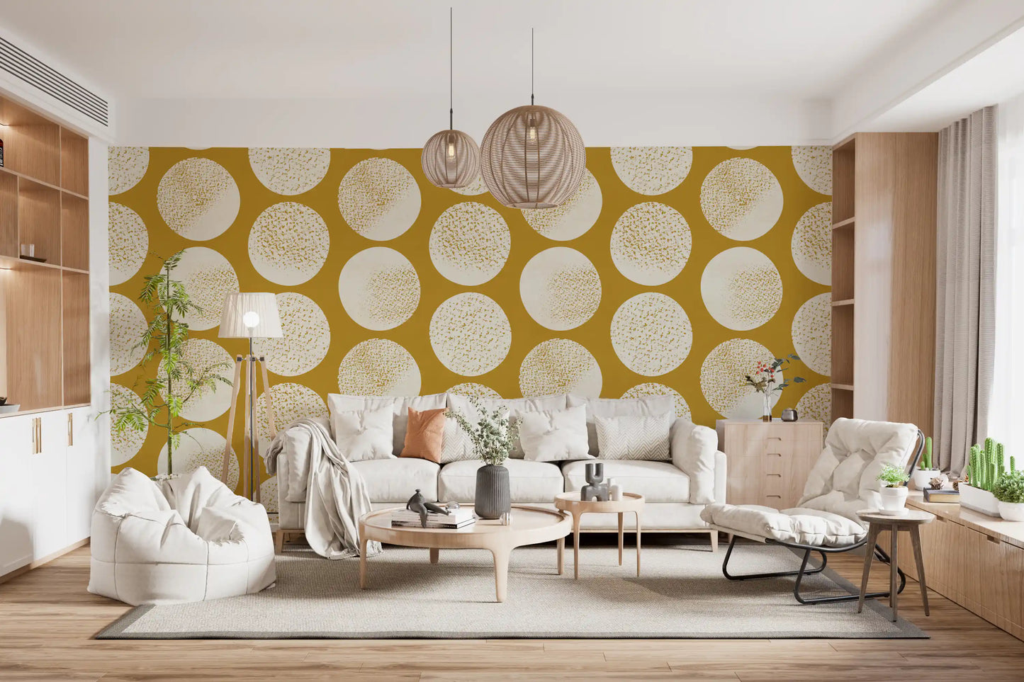 Soft speckling defines this cream circle wallpaper with modern appeal