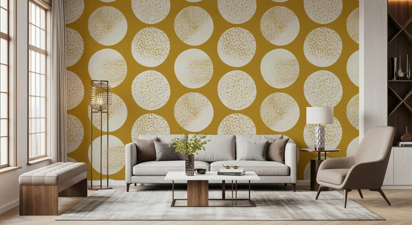 Graphic wallpaper with mustard ground and rounded cream dot design