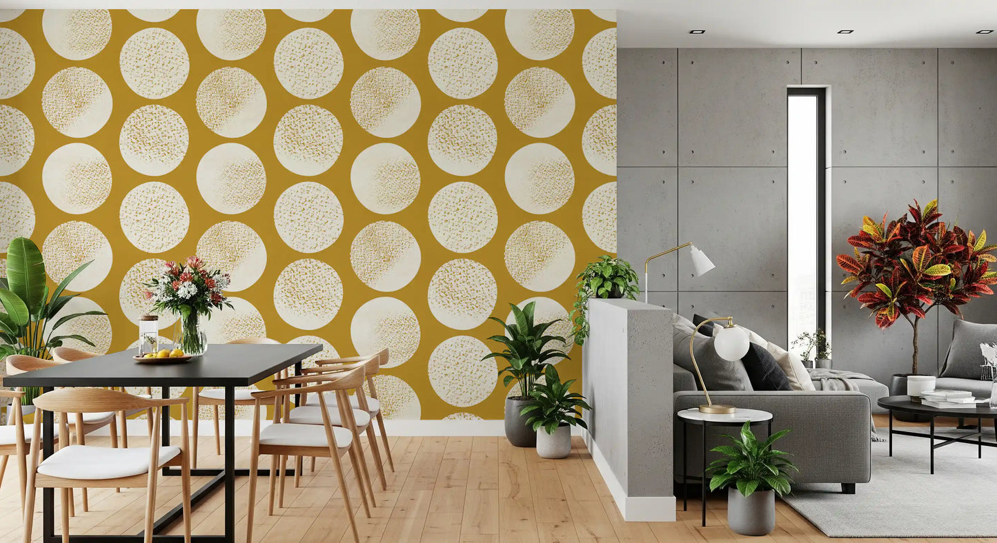 Oversized cream motifs shape this mustard pattern wallpaper beautifully