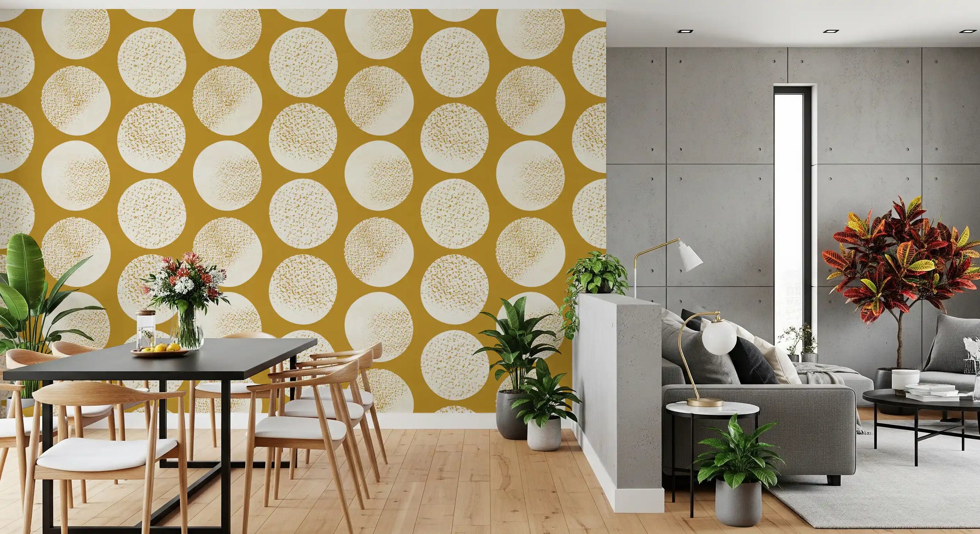 Oversized cream motifs shape this mustard pattern wallpaper beautifully