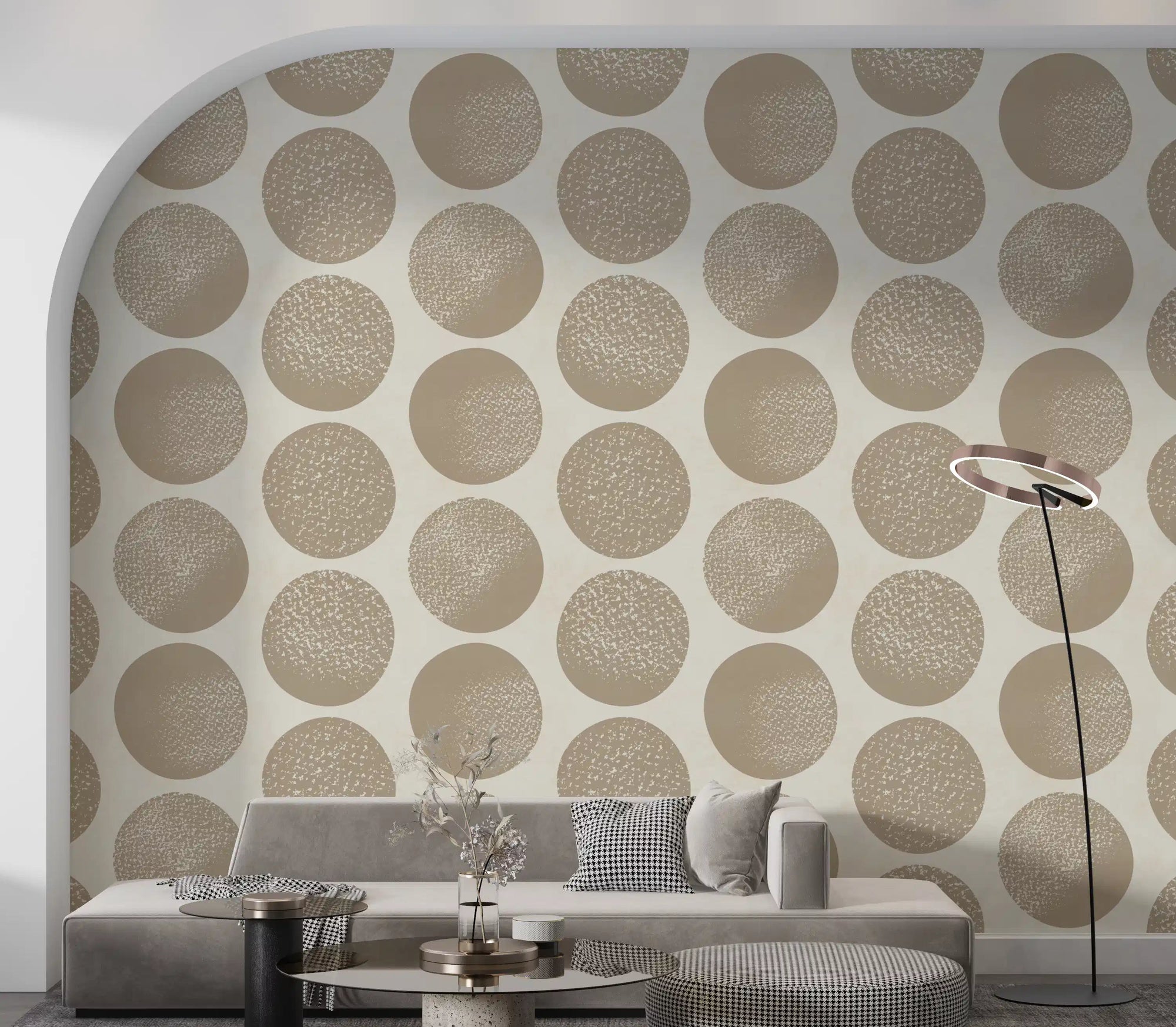 Living room with warm beige polka dot wallpaper on a cream background