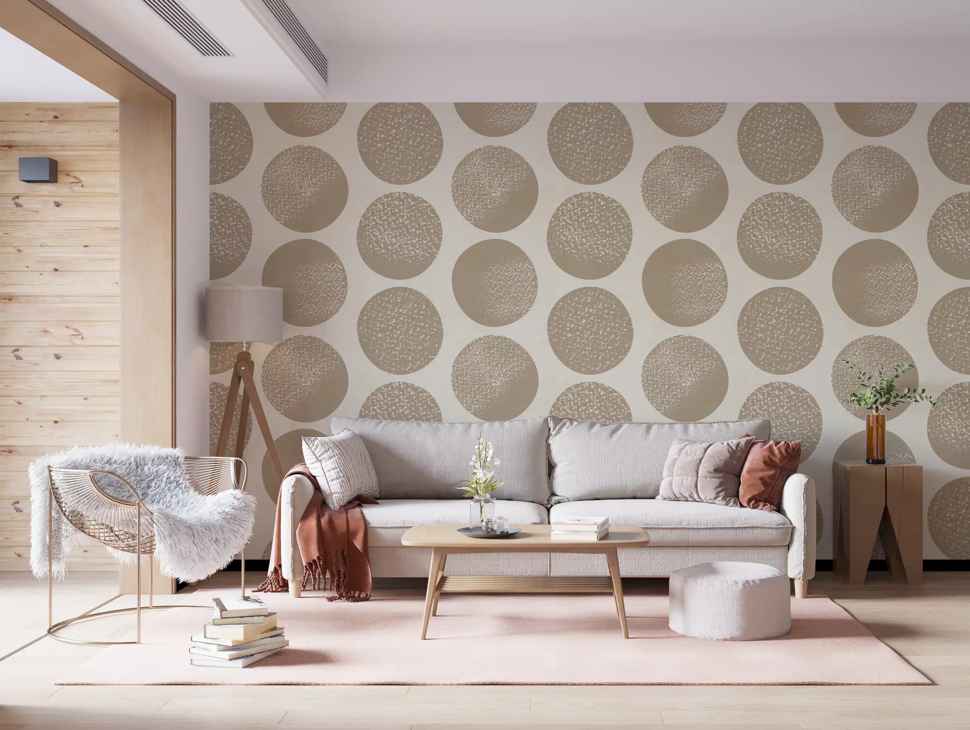 Modern cream wallpaper showing oversized organic polka dot shapes