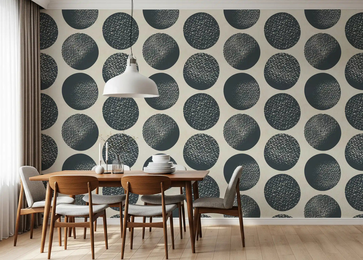 Dark blue wallpaper with large cream polka dots and stippled texture
