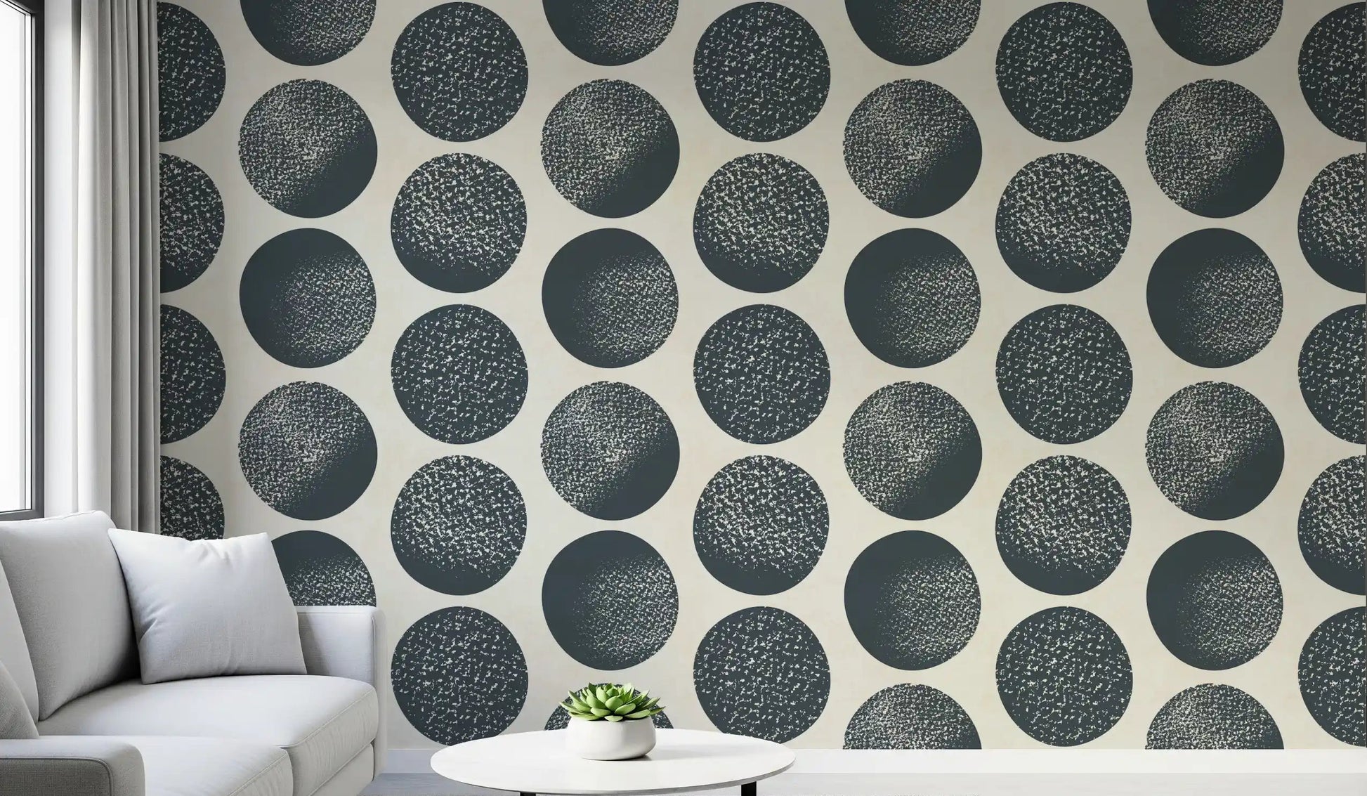 Office wall with cream dot wallpaper and dark blue textured motifs