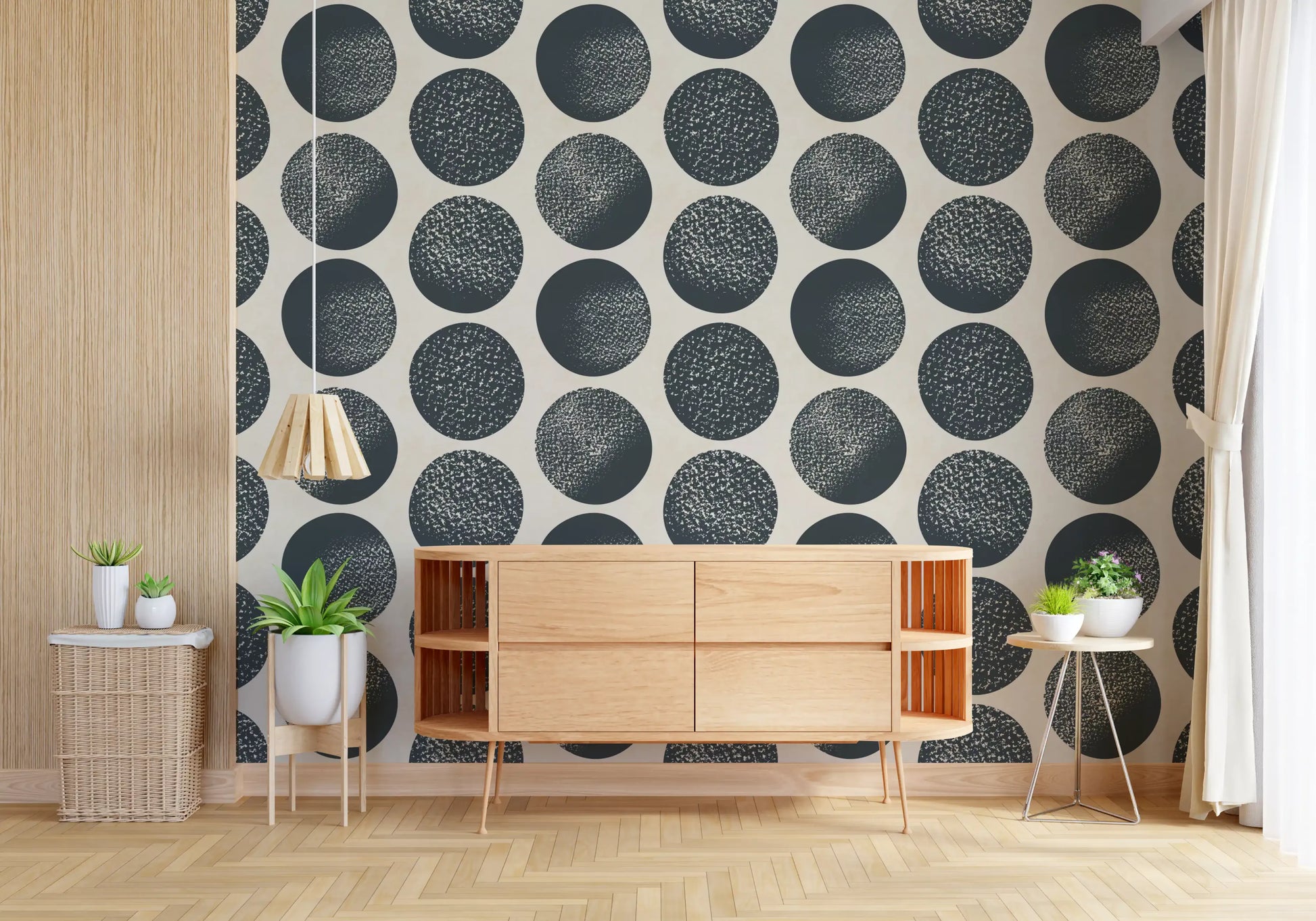 Cream wallpaper showing dark blue dotted forms in a clean repeat