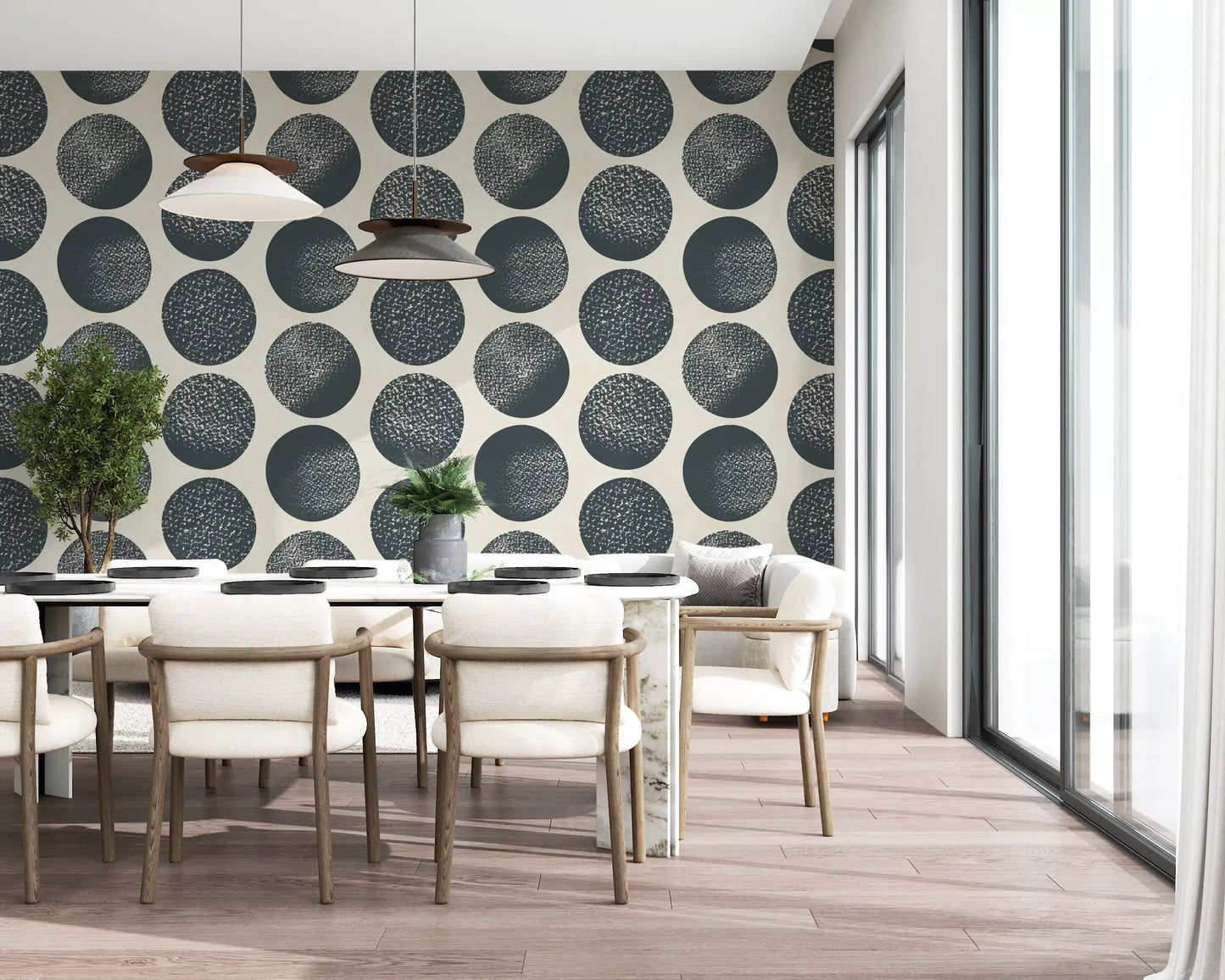 Dining room featuring stippled dot wallpaper in dark blue and cream tones