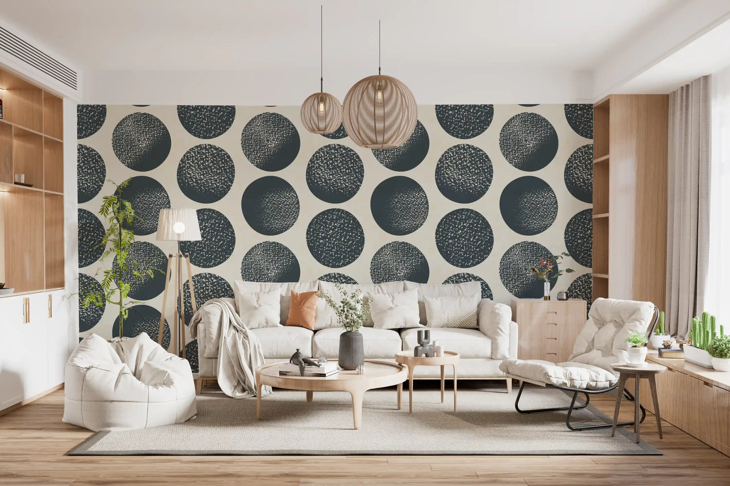 Living room with dark blue polka dot wallpaper and cream stippled circles