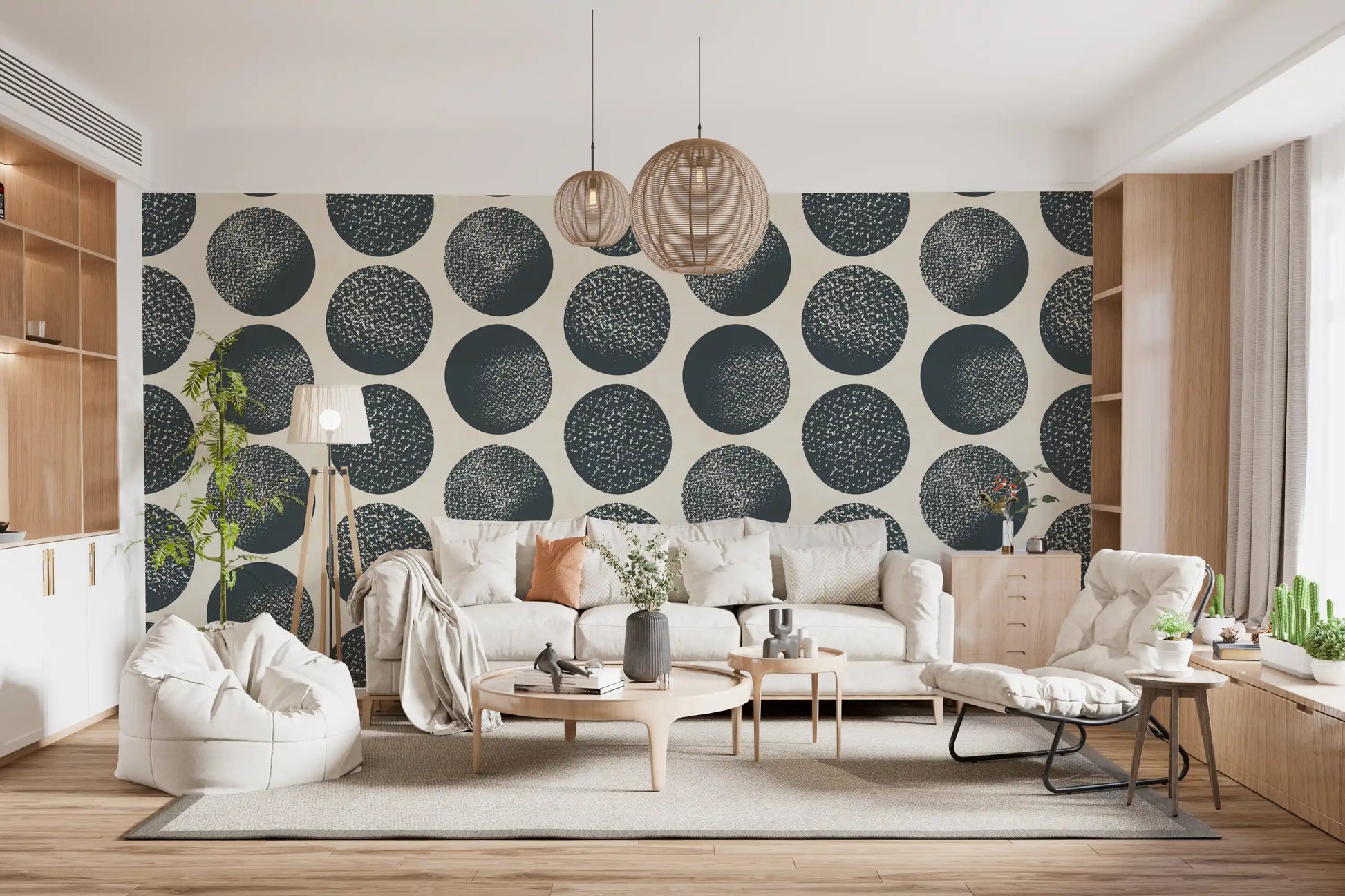 Living room with dark blue polka dot wallpaper and cream stippled circles