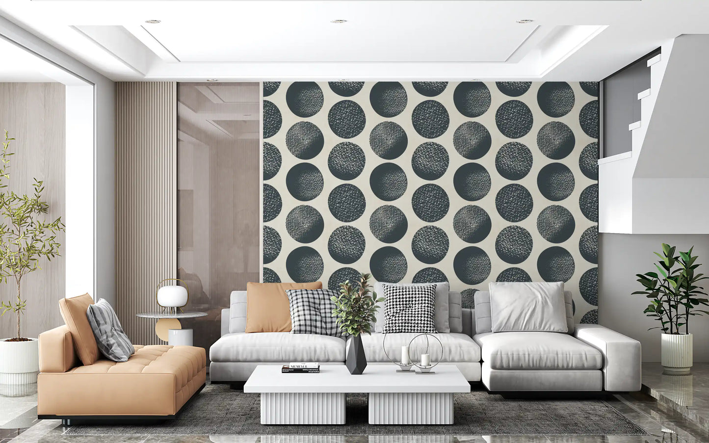 Living room using modern polka dot wallpaper with oversized blue circles