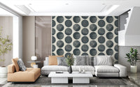 Living room using modern polka dot wallpaper with oversized blue circles