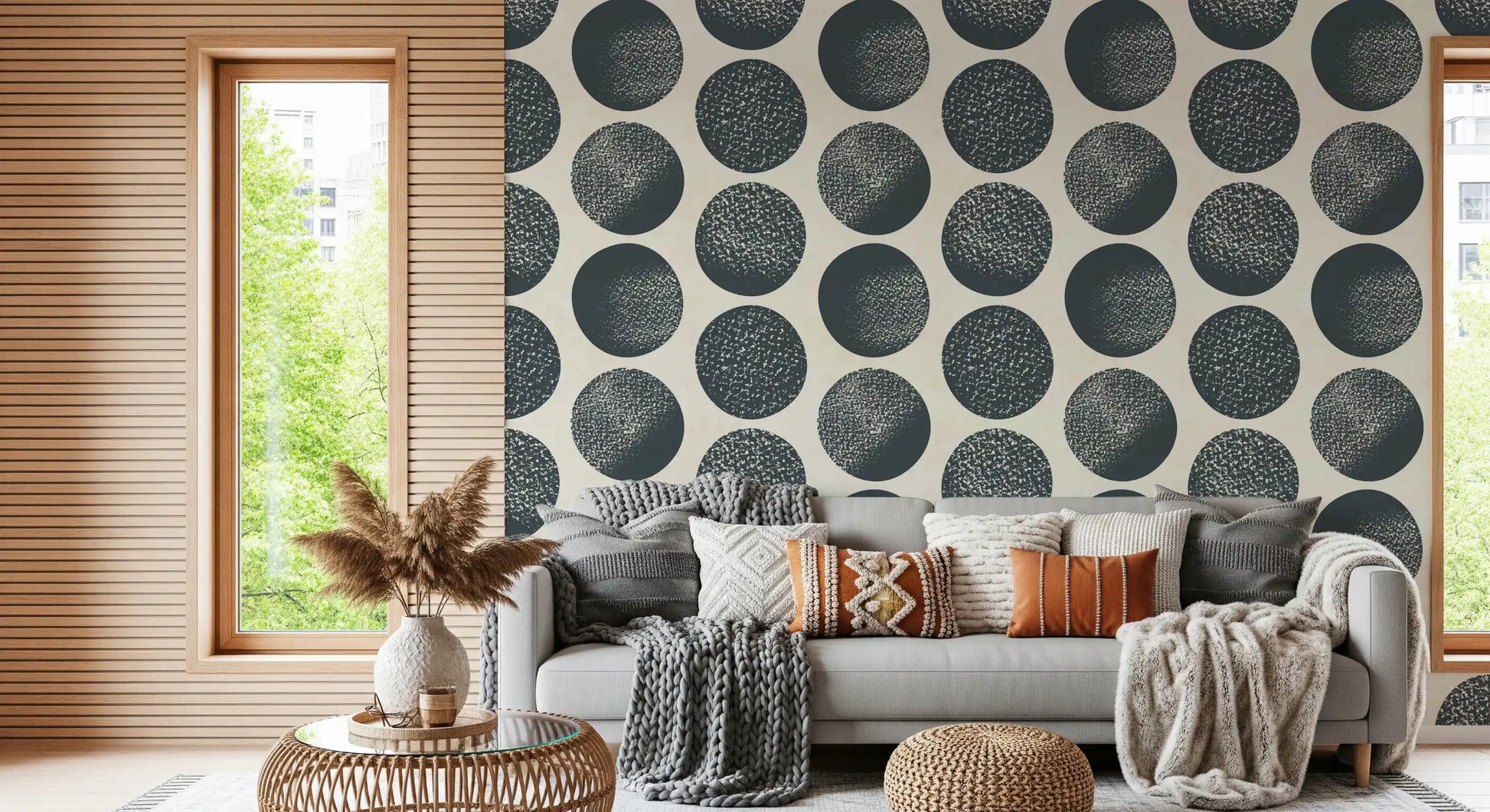 Blue and cream wallpaper with stippled circles and open spacing