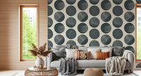 Blue and cream wallpaper with stippled circles and open spacing